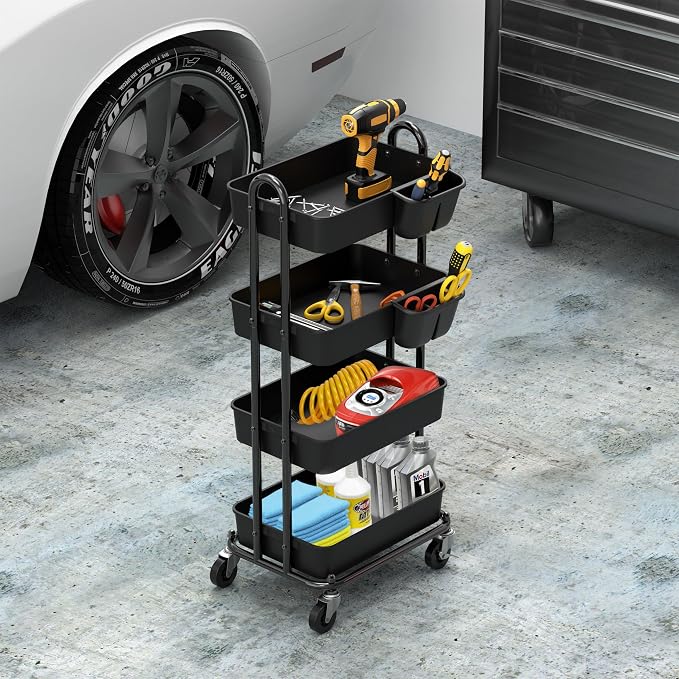 Simple Houseware 4-Tier Rolling Utility Cart with Hanging Bucket, Black | Storage for Bathroom, Kitchen, Office, Study Room, Nursery Diaper