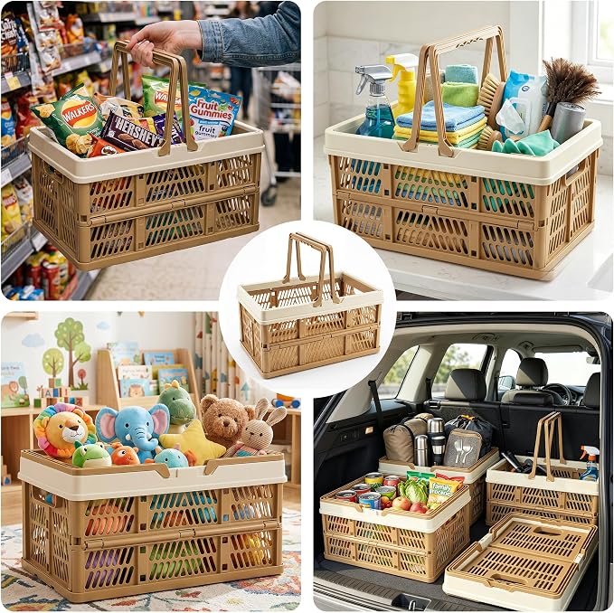 VALESKA Collapsible Crate 20L, Foldable Plastic Milk Crates for Storage, 15inch Collapsible Shopping Basket with Handles,Car Trunk Basket,for Kitchen（Brown）