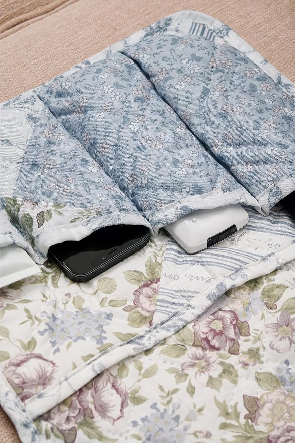 Brilliant Sunshine Blue Roses Patchwork Couch Armrest Cover, 35"×13" | Washable Magazine Holder, Armrest Organizer & Caddy on Sofa, Recliner, Armchair, Storage for Remote Controls, Phone, iPad