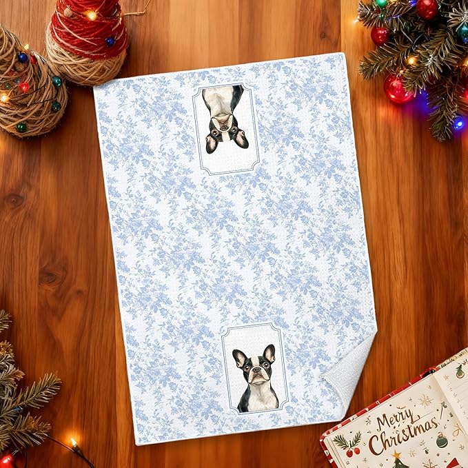 Blue and White Chinoiserie French Bulldog Kitchen Towels 16x24 in, Frenchie Gifts for Women, Grandmillennial Toile De Jouy Floral Dog Decorative Hand Tea Dish Towels for Bathroom Kitchen