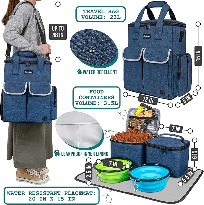 PetAmi Dog Travel Bag Pet Supplies Accessories Organizer for Traveling, Camping, Weekend; Cat Pet Travel Bag Kit Includes 2 Food Storage Containers, 2 Collapsible Bowls, 1 Feeding Mat (Navy Blue)