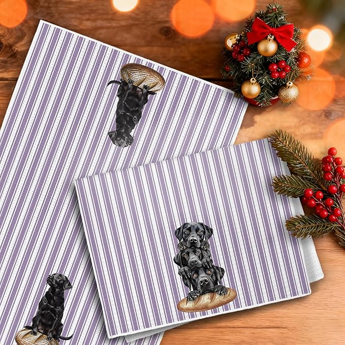Black Labrador Retriever Bread Kitchen Towels, Black Lab Gifts Dish Tea Towels, Cute Baking Chef Dog Purple Striped Decorative Hand Towel for Kitchen Bakery, 16x24 Inch Set of 2