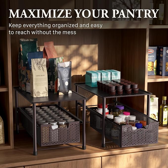 Simple Houseware Stackable Under Sink Sliding Basket Drawer, Brown | Perforated Free Standing Organizer, Kitchen/Pantry/Cabinet/Counter