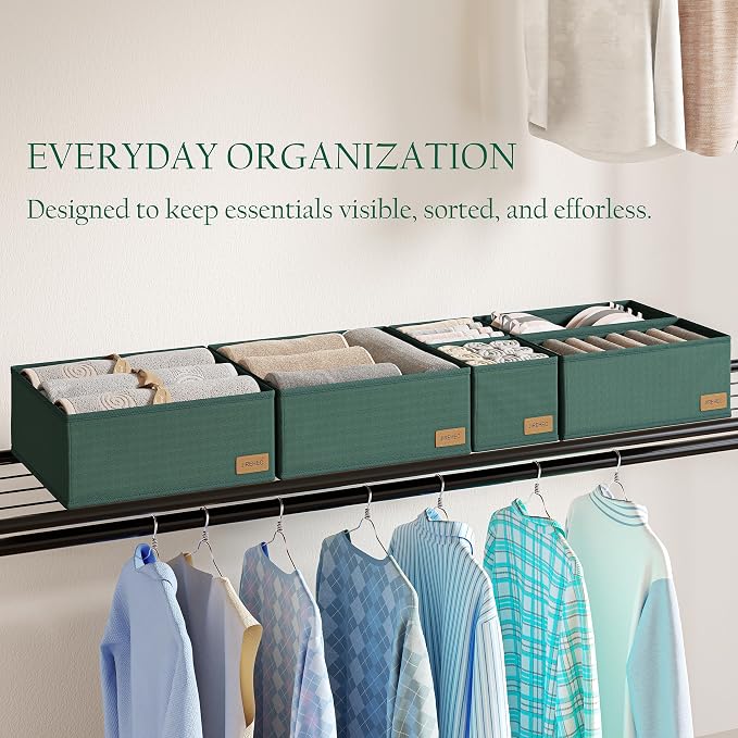 Dresser Drawer Organizer Clothes, 6 Pack Foldable Storage Boxes with Zipper, 600D Fabric, Green, Drawer Dividers for Underwear, Socks, Baby Clothes