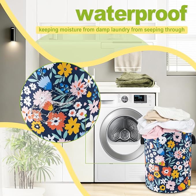 Folk Floral Art Laundry Basket Foldable Waterproof Hamper 18.9 x 16.5 Inch | Oxford Cloth With Reinforced Handles Lining Design Large-Capacity Storage For Bathrooms/Laundry Rooms/ Living Rooms/Bedrooms