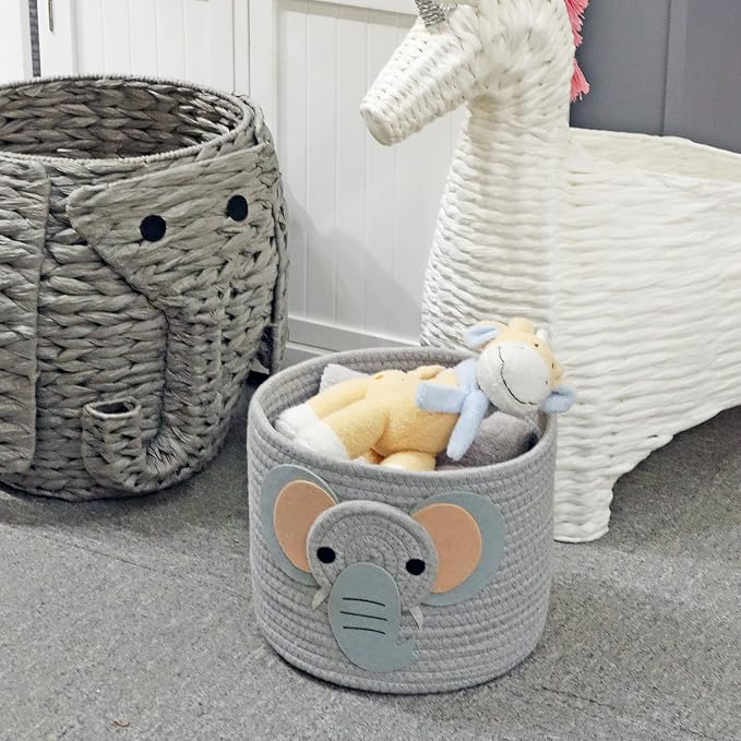 T&T Homewares Small Cotton Rope Baskets with Safari Theme Design for Baby Diaper Organizer, Nursery Storage, Nursery Room Decor, Kids Room Organizer, Cat Dog Toy Storage (Small Elephant)
