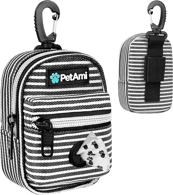 PetAmi Dog Poop Bag Holder for Leash, Pet Waste Bag Dispenser, Stripe Black | Doggy Puppy Walking Accessories Travel Camping, Dog Treat Pouch Supplies Must Have, Doggie Poo, Jogging, Walks