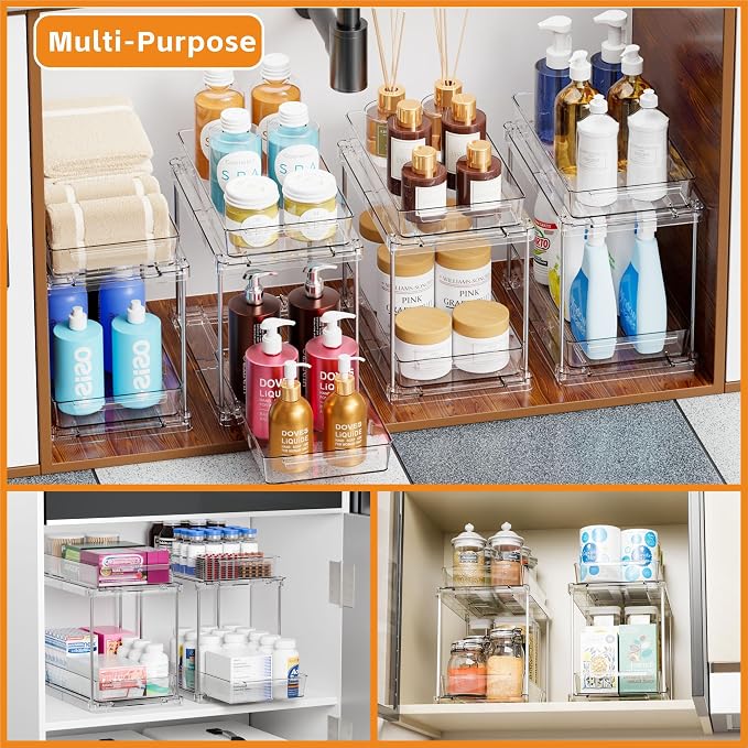 4 Pack Under Sink Organizers and Storage,Clear Acrylic Bathroom Organizer and Cabinet Organization for Makeup,Medicine,Two Tier Pull Out Cabinet Organizer Drawers for Pantry,Vanity Storage Bins