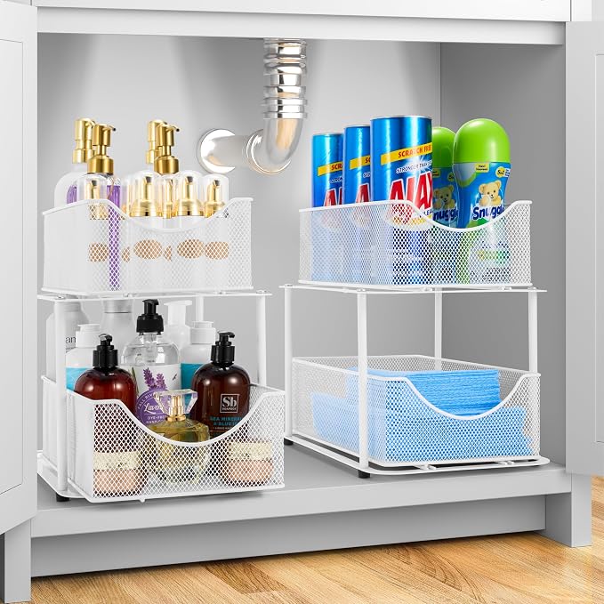Sorbus Pull-Out Under Sink Organizer, Mesh Construction (White, 2 Pack) | Two-tier metal organization with strong steel and sliding drawers for bathrooms, kitchens, cabinets, closets and pantries.