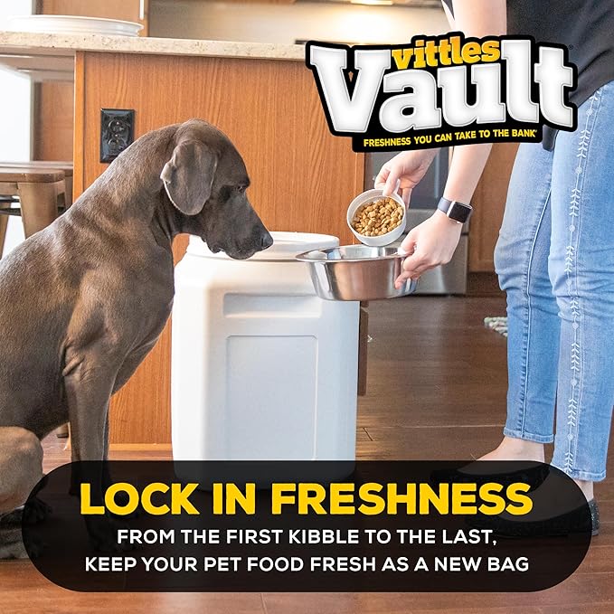 Vittles Vault Airtight Pet Food Storage Container + Scoop, Fits Up to 50lbs | Stores Dog Kibbles, Bird Seed, Oatmeal, Rice, Flour and Cereal in BPA Free Plastic, Sealed Airtight, Made in USA, with Scoop