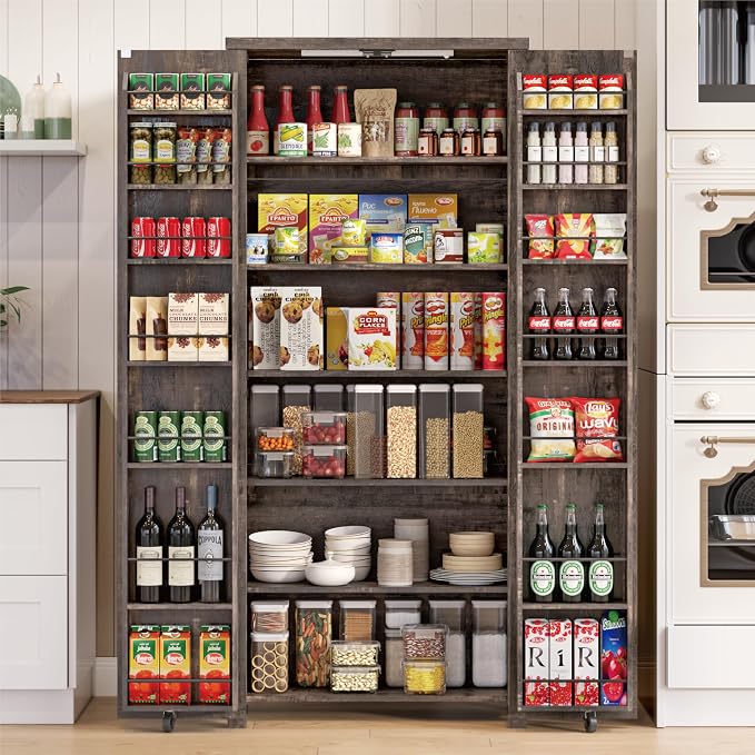 Furnaza Farmhouse 72" H Kitchen Pantry Cabinet with Adjustable Shelves | LED Craft Storage Cabinet Cabinet with 2 Barn Doors for Craft Room,Dining Room,Living Room,Home Office,16"D x 30"W