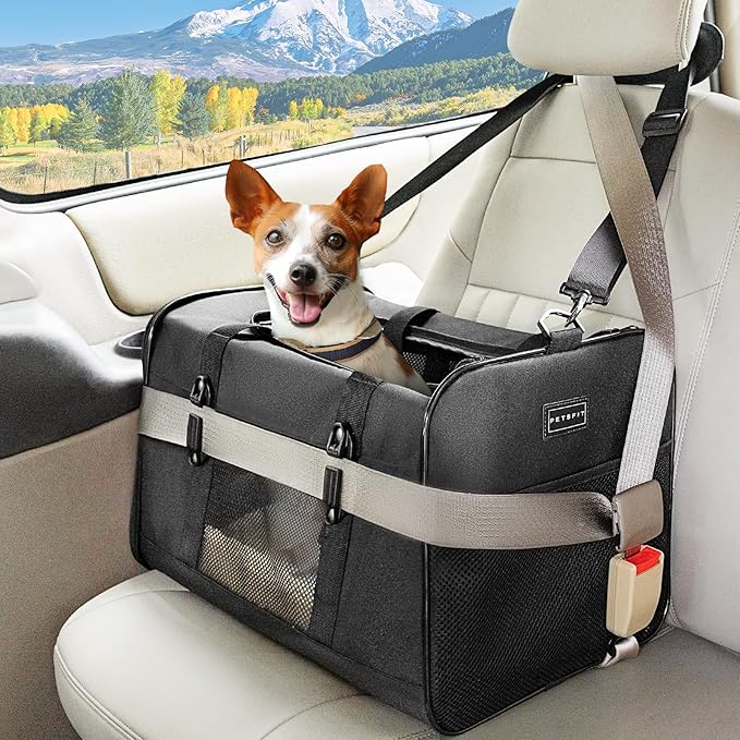 Petsfit Large Cat Carrier for Car Travel, Patented Seat Belt Buckle, 20 lb | 19 x 12 x 12 in; for large cats and small dogs, with locking zippers, anti-scratch mesh, reinforced frame and washable pad.