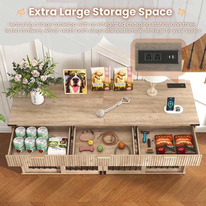 71'' Double Dog Crate Furniture, XXL Wooden Kennel with 360° Rotating Feeders, Removable Divider, Charging Station, TV Stand, Gray Oak
