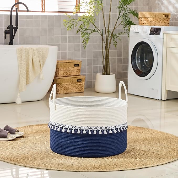 KAKAMAY Large Blanket Basket with Handles, Storage Basket for Living Room | Extra Large Capacity | Natural Cotton Rope | Blanket Storage | Woven Storage Basket | Stuffed Animal Storage | Laundry Basket