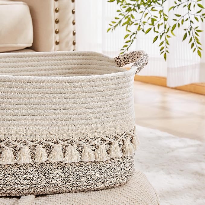 Storage Basket, Woven Baskets for Shelves, White/Beige | 3 Pack Boho Cotton Rope Storage Baskets, 14" x 9" x 8", Home Organizer for Nursery, Holds Toys, Books & Towels