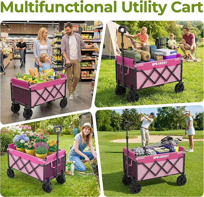 Pink Small Collapsible Wagon Cart, Lightweight Folding Utility Cart with Wheels, 220lbs Capacity Portable Grocery Cart for Sporting Events, Garden, Shopping (Pink)