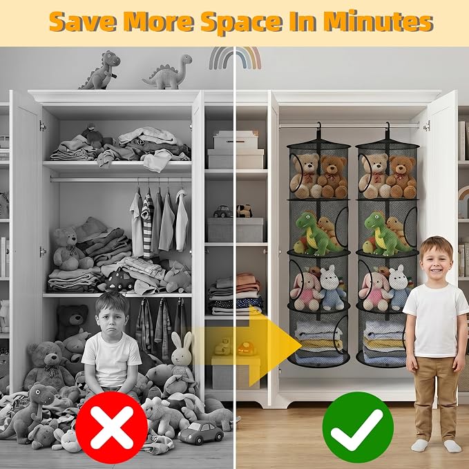 Hanging Stuffed Animal Storage Hammock Net 4 Tiers, Black | Hanging Mesh Storage Organizer for Kids Room, Holds Plushies, Gloves, Hats, Socks, Foldable Space-saving Design
