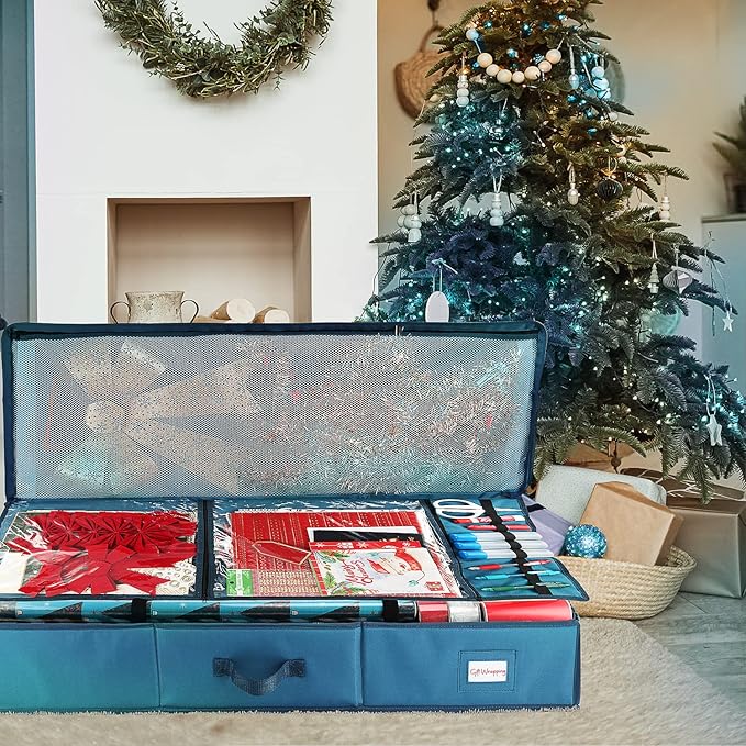 Hearth & Harbor Wrapping Paper Storage Container - Christmas Storage Bag with Ribbon Dispenser and Interior Pockets - Gift Wrap Organizer Fits Up to 26 Rolls of 40" Length, Blue
