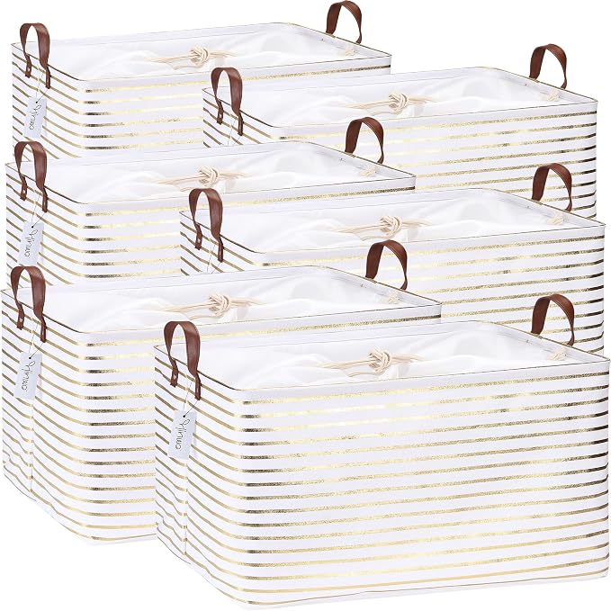 Hinwo 70L Extra Large Canvas Storage Bin with Lid and Handles, 6-Pack | Collapsible Fabric Baskets, Closet Shelf Organizers, Containers for Clothing, Blankets, Toys, Bedding (Gold Stripe)