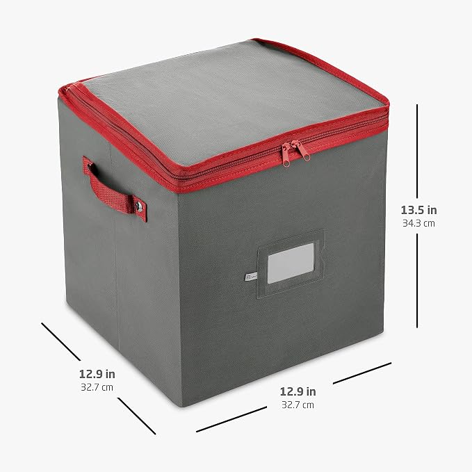 ZOBER Christmas Ornament Storage Box - Stores 64 3" Ornaments, With Dividers - Ornament Organizer Storage Box, Durable Christmas Containers Holder, Dual Zipper - Gray