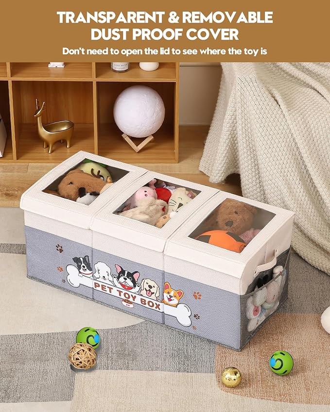 Dustproof Dog Toy Box With Transparent Lid, 3 Grids Dog Toy Bin, Extra Large Storage Holder Container, Foldable Chest