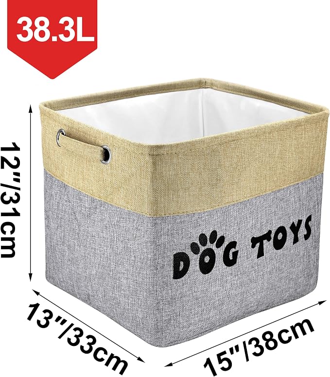 PET ARTIST Dog Toy Basket, Large Collapsible, Gray, L:15"x13"x12" | Dog Toy Bin Box, Comfortable Handles, Large Pet Toy Storage Organizer, For Accessories, Toys, Coat & Clothing, Blanket Leash