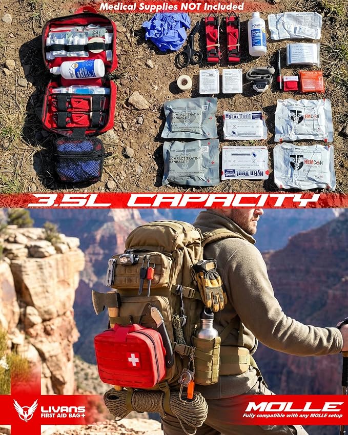 LIVANS Medical Bag, First Aid Bag Empty for Emergency & Trauma Kits | Molle Quick Release Design, Headrest Mount, Includes Flag and Cross Patch,Versatile for Tactical, Camping, Hiking and Travel