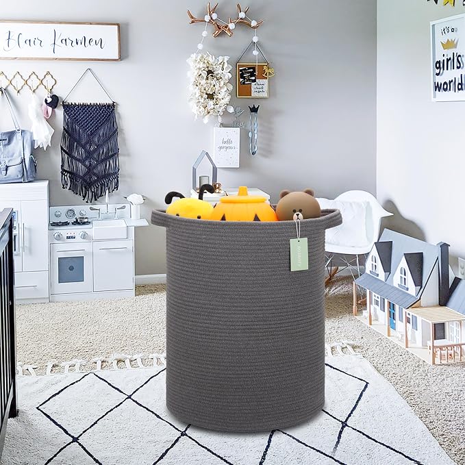 Cotton Rope Blanket Basket, 72L Tall Laundry Hamper, Dark Gray