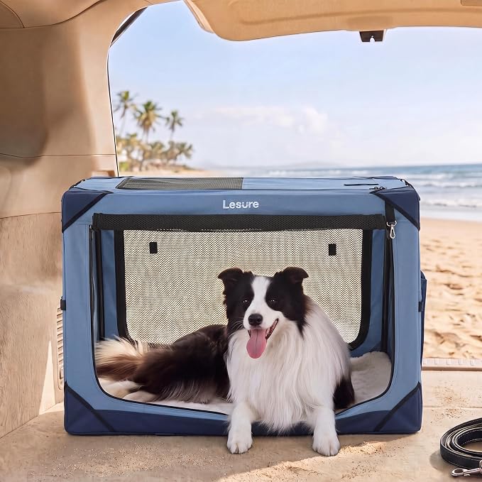 Lesure Portable Soft Collapsible Dog Crate for Large Dogs, 36in Blue | Travel Camping Pet Kennel, 4-door, Indoor and Outdoor Use, Easy to Set Up and Fold, For Large Breeds Up to 70lbs