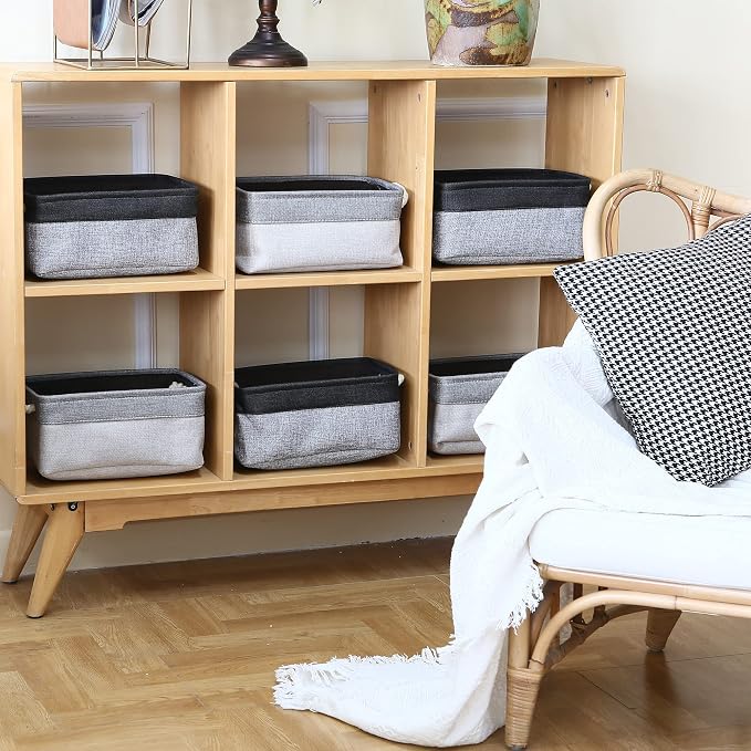 Sea Team Compact Rectangle Canvas Open-Top Storage Baskets, 3-Pack | Collapsible Fabric Storage Bins with Handles, Closet Shelf Organizers, 12 x 8 x 5 Inches, Ash Gray & Gray