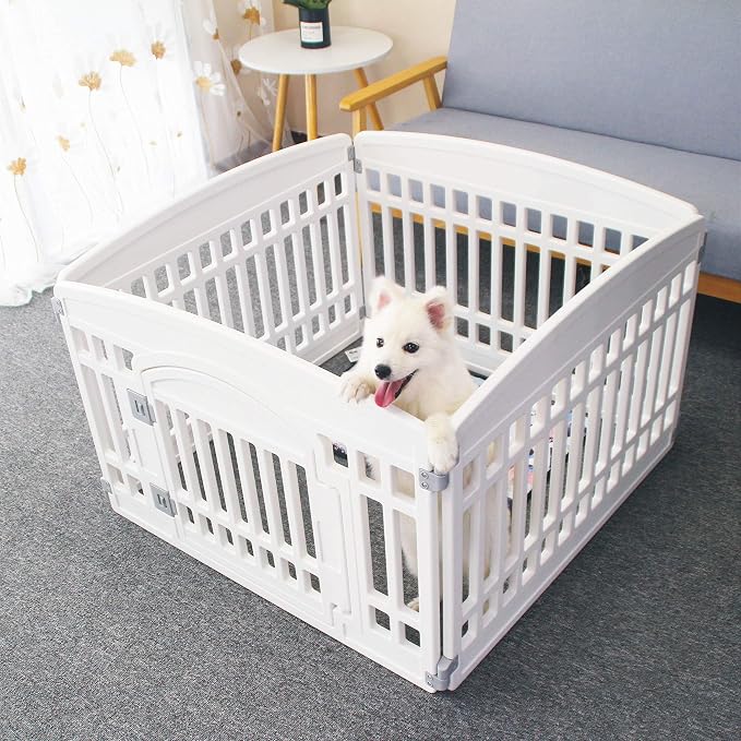 Gupamiga 4-Panel Plastic Puppy Playpen 33.5x33.5in White for Small Dogs | Heavy duty thick plastic, tool-free assembly, foldable storage, indoor & outdoor use for puppies, rabbits and small animals