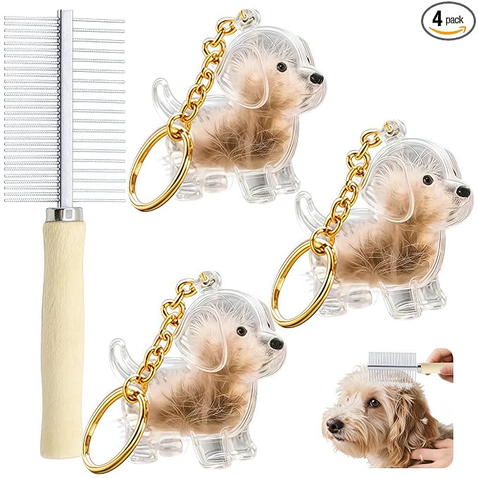 4 PCS Dog Hair Collector Keychain Charm(Send Brush Comb), Dog Shape Memorial Storage Box with Transparent Bottle for DIY Pet Furs & Ashes Keepsake, Portable Pet Memory Capsule Keyring