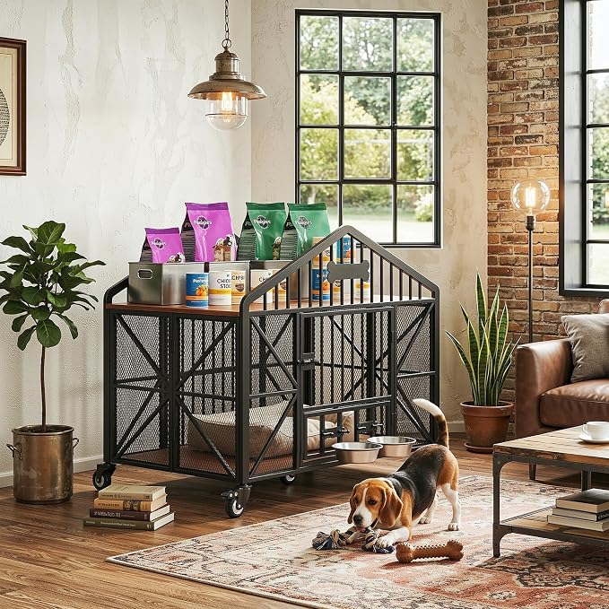 IRONCK 41.5" Foldable Dog Crate Furniture with 5 Wheels & Rotating Bowls | No assembly. 5-wheel base. 2 rotating bowls. For medium Dogs. 41.5"L x 24.8"W x 35.1"H. Rustic Brown finish.