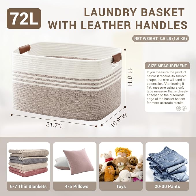 72L Large Woven Laundry Basket Hamper with Leather Handles,Brown | collapsible wicker hamper, storage for dirty clothes, toys, blankets, gifts, living room, bedroom, bathroom, 22"x17"x12"
