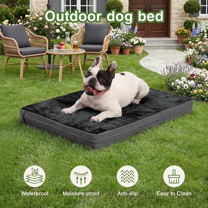 Waterproof Dog Bed Medium Size Dog, Washable Orthopedic Foam Crate Pad 30" | Outdoor Pet Bed, Reversible Faux Leather & Flannel, Durable Removable Cover, Anti-Slip Kennel Pad 29"x18" Dark Gray