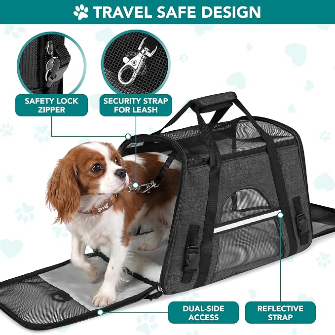 PetAmi Airline Approved Pet Carrier Cats Small Dogs, Large Heather Charcoal | Soft Sided TSA Travel Bag, Sherpa Bed, Breathable Mesh Ventilation, Collapsible Bowl, Fits Under Seat, Up to 18 lbs