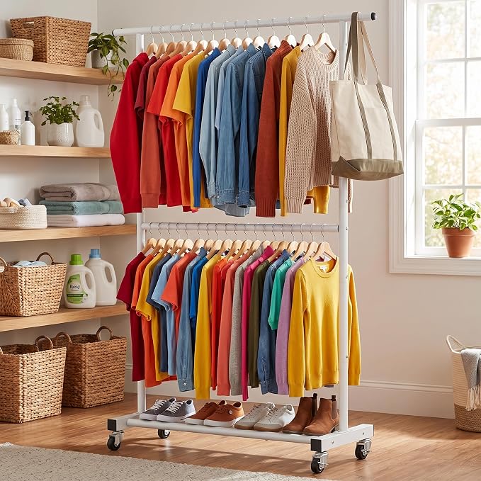 Sywhitta Double Rod Metal Clothing Garment Rack on Wheels, White | Rolling Clothes Organizer, for Hanging Clothes,Coats,Easy to Assemble,Space-Saving,Mobile Organizer for Closet