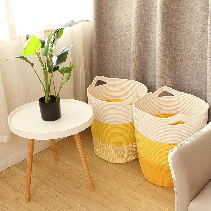 Sea Team Large Woven Cotton Rope Laundry Basket with Handles, 20 x 14 in | Collapsible Knitted Hamper, Closet Shelf Organizers, Containers for Clothing, Blankets, Toys, Bedding, Yellow