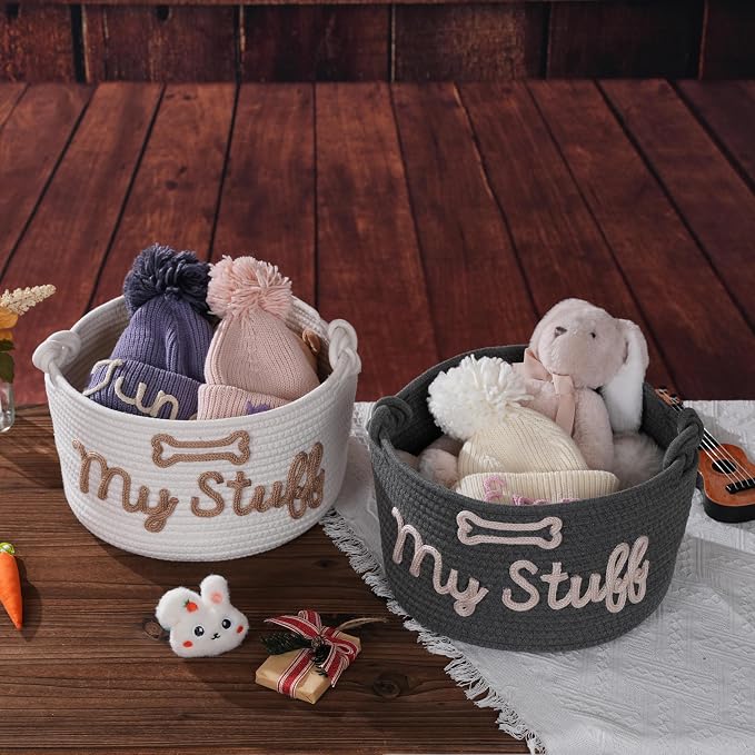 JUPPE Pet Dog Basket with Personalized Name, Dog Toys Storage Organizer Custom Cotton Rope Basket Nursery Decor (White pet basket)