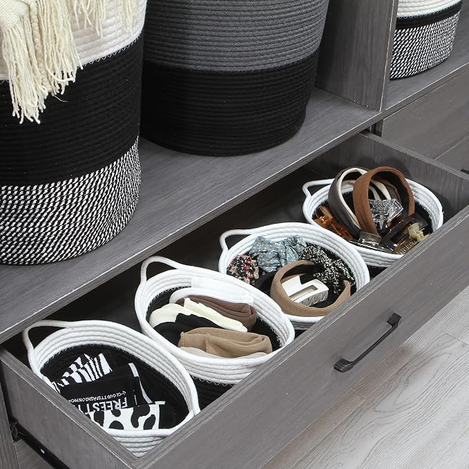 Sea Team 2-Pack Compact Woven Cotton Rope Storage Baskets, Black | Knitted Decorative Organizer Bins with Handles, Portable Oval Containers for Small Items, Keys, Makeup, Jewelry, Trinkets