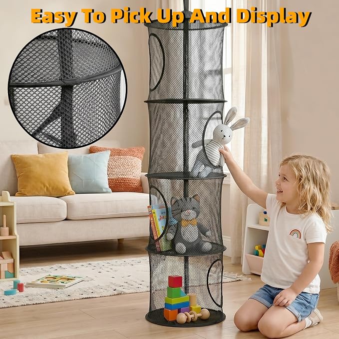 Hanging Stuffed Animal Storage Hammock Net 4 Tiers, Black | Hanging Mesh Storage Organizer for Kids Room, Holds Plushies, Gloves, Hats, Socks, Foldable Space-saving Design