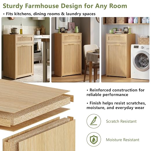 Single 13 Gallon Pull Out Trash Can Cabinet with Drawer, Garbage Cabinet | Pet Proof Hidden Trash Storage, Fluted Farmhouse Design, Space-Saving Kitchen Organizer, Dining Room Storage,Natural Oak