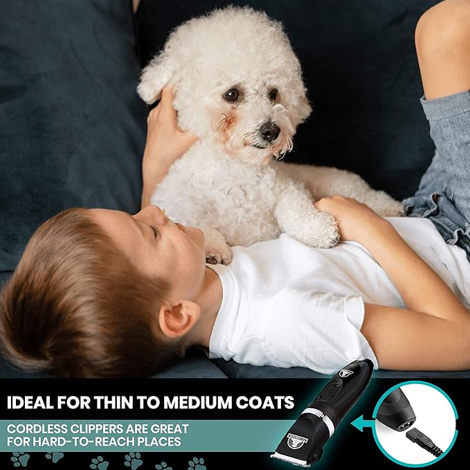 Pet Union Professional Dog Grooming Kit, Rechargeable, Cordless, Low Noise Dog Clippers for Grooming Thick Coats - Clippers, Nail Trimmer, Complete Grooming Set for Dogs, Cats and Other Pets (Chrome)