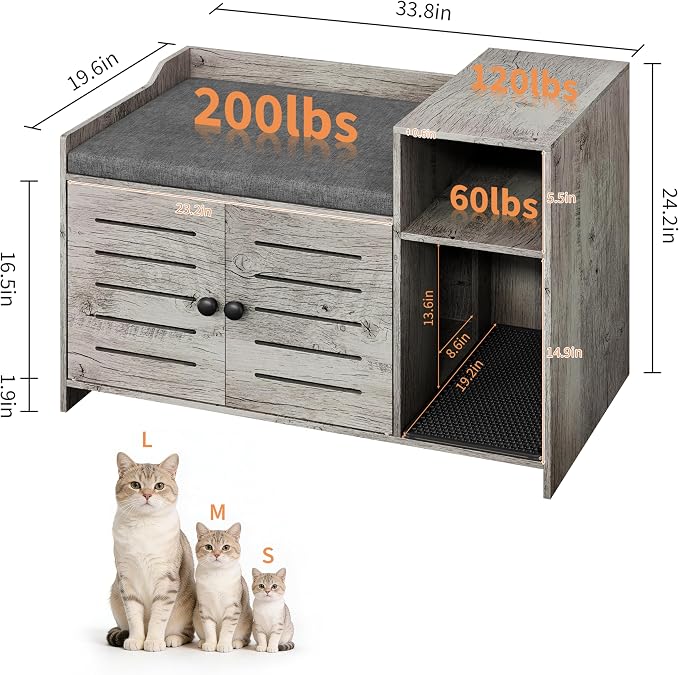 Cat Litter Box Enclosures, Large Hidden Cat Litter Box Furniture with Double Door, Wooden End Table Litter Box Cabinet with Storage Shelf, Cushion & Litter Mat, Dog Proof Design, Modern Cat House