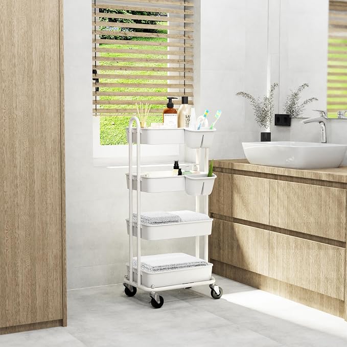 Simple Houseware 4-Tier Rolling Utility Cart with Hanging Bucket, White | Storage for Bathroom, Kitchen, Office, Study Room, Nursery Diaper