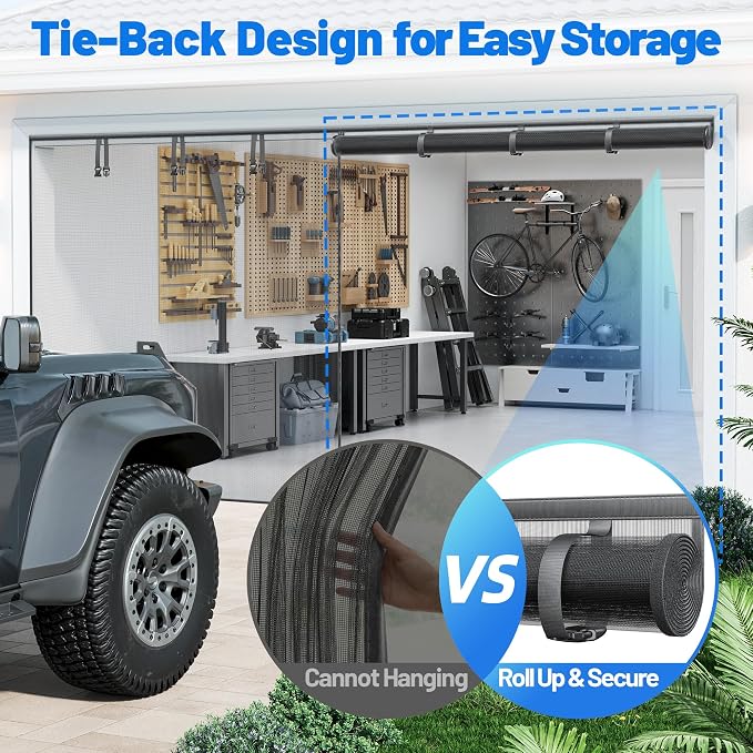 Garage Door Screen for 2 Car - Heavy Duty Magnetic Garage Screen Door Mesh | Fiberglass Garage Net Sceen with 6 Roll Up Straps, Patio Screen Keeps Bugs & Mosquitos Out Fits Garages Doors Size 16x8 Ft