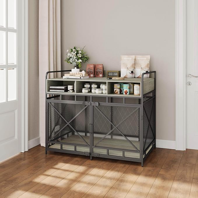 Fulhope Dog Crate Furniture, 48" Heavy Duty Wooden Dog Crate End Table, XL Dog Kennel Furniture Large Breed, Decorative Dog Kennel Indoor with 3 Drawers & Steel Tubes 48" L x28 W x38 H (Grey)