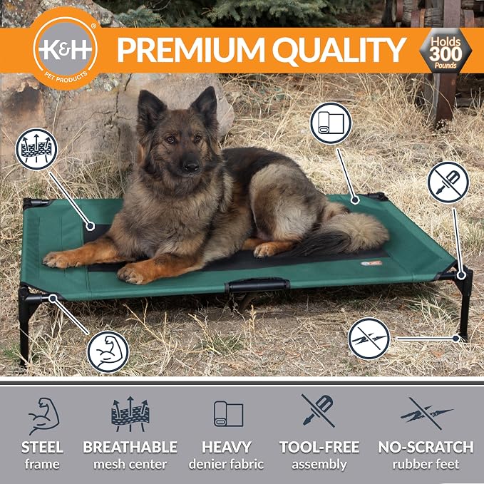 K&H Outdoor Elevated Dog Bed, Cooling Raised Dog Bed, Green, XL 50x32in | Pet Cot for Large & Extra Large Pets, Breathable Mesh Center Hammock Design, Indoor/Outdoor Washable Cover, 50x32in