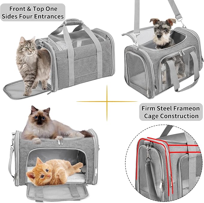 Soft-Sided Cat/Dog/Pet Carrier, Collapsible Pets Travel Carriers | For Big Cats/Small Dogs with Shoulder Strap & Removable Mat, Mesh Puppy Carry Bag, Up to 25 Lbs, TSA Airline Approved(Gray)