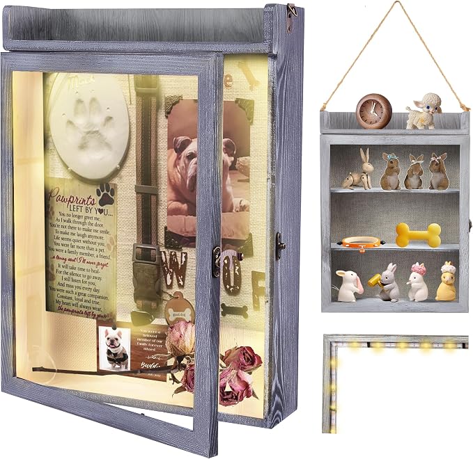 11x16 Dog Memorial Shadow Box Frame with Shelves, Grey